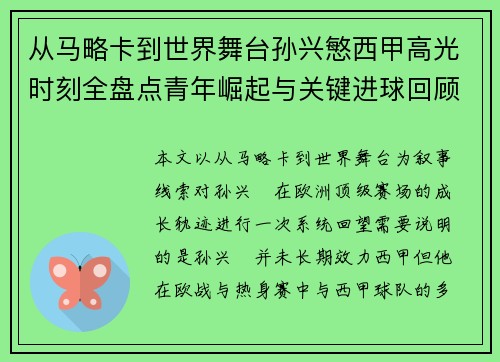 从马略卡到世界舞台孙兴慜西甲高光时刻全盘点青年崛起与关键进球回顾